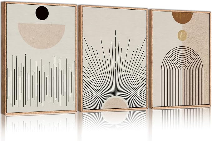 LHIUEM Large Abstract Boho Line Framed Canvas Wall Art Set,Modern Geometric Sun Wall Decor,Mid-Century Neutral Artwork for Living Room,Bedroom,Dining Room,Office -16"x24"x3
