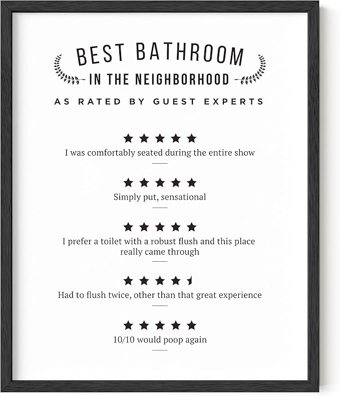 HAUS AND HUES Funny Bathroom Wall Art – Poop Review Sign, “Would Poop Here Again” Print, Humorous Toilet Wall Decor for Guest Bath (16x20, Unframed)