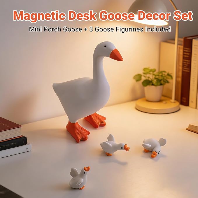 Desk Goose 7 Inch - Desktop Goose with 3 Mini Goose Statues Figurines, Magnetic Beak, Funny Desk Decor for Office and Home, Table Gift Idea for Women Friends Coworkers