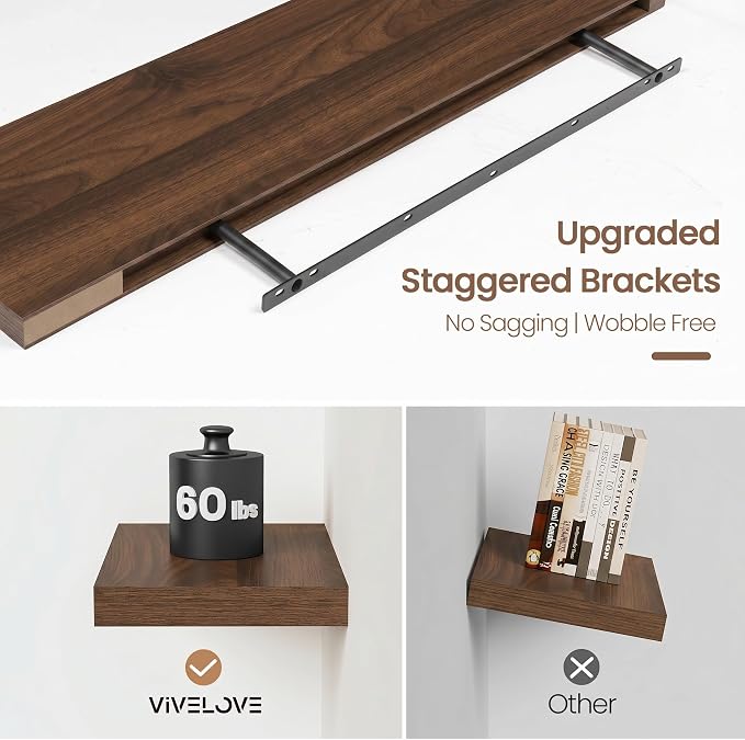 Vivelove Walnut Floating Shelves 55 Inches Long, Wall Display Shelves with Invisible Brackets, for Bathroom Living Room Kitchen Bedroom Office Farmhouse Home Decor, 55x9.3X 1.5 - Set of 2, Walnut