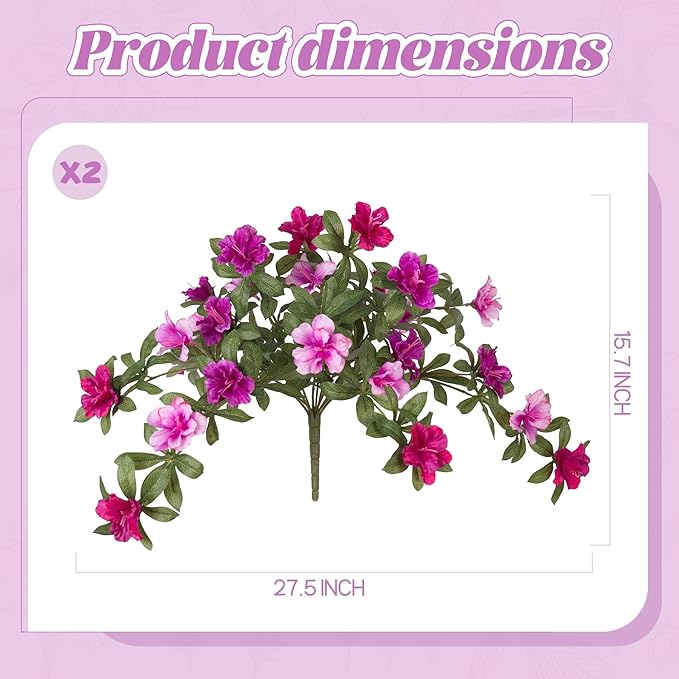Ammyoo Artificial Fake Azalea Flowers for Outdoor Spring Decoration, Faux Silk Flower for Summer UV Resistant Look Real Plants for Garden Yard Porch Walkway Indoor Decor, 2PCS