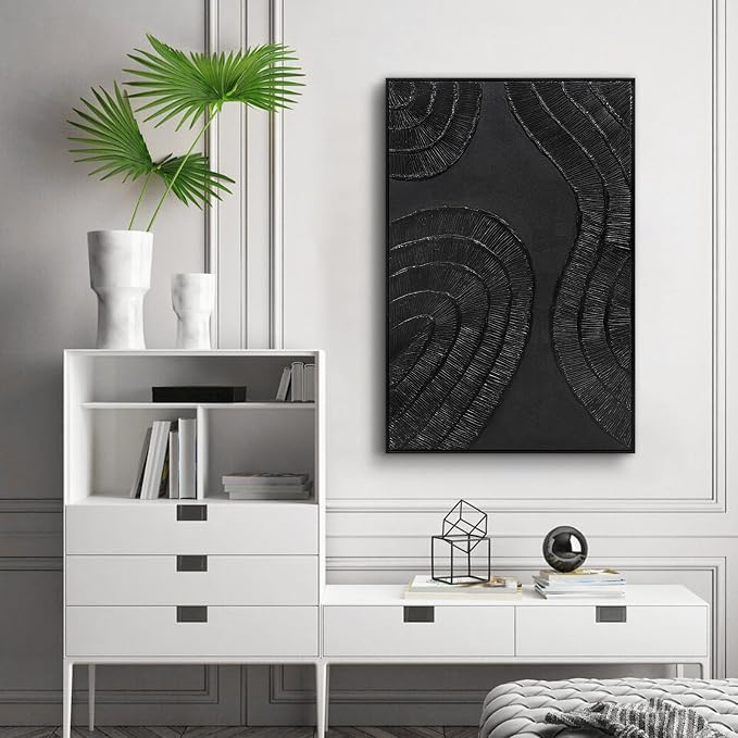 Textured 3D Abstract Hand-Painted Wall Art Large Black Thick Texture Minimalist Wall Art - 3D Contemporary Dimensional Home Office Living Room Modern Wall Decor Framed - 24"x36"