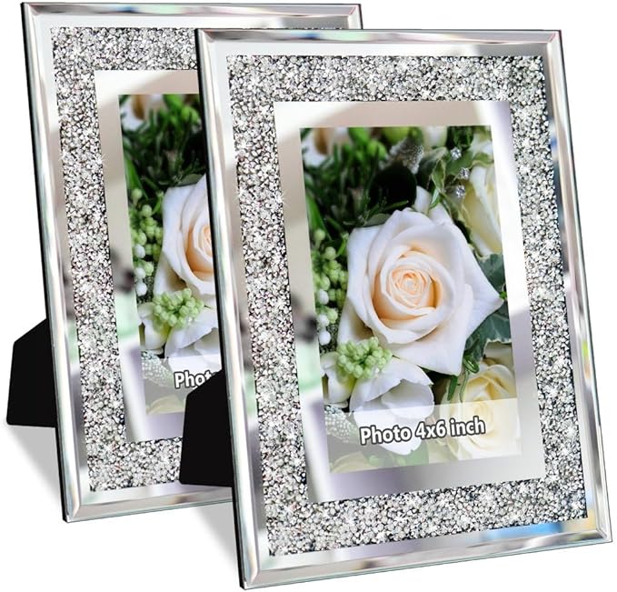 ALLARTONLY Crush Diamond Mirror Photo Frame In Bling Sparkle Crystal Silver Glass Finish, For Picture Size 4x6 inch, Pack of 2 Piece, table top Stand frame & Wall Frame