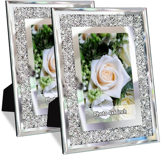 ALLARTONLY Crush Diamond Mirror Photo Frame In Bling Sparkle Crystal Silver Glass Finish, For Picture Size 4x6 inch, Pack of 2 Piece, table top Stand frame & Wall Frame