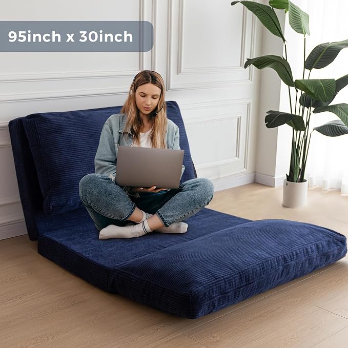 MAXYOYO Folding Sofa Bed, Floor Sofa Convertible Chair with Washable Cover, Floor Couch Lounge Bean Bag Chair Bed for Living Room, Navy, 30x91 Inch