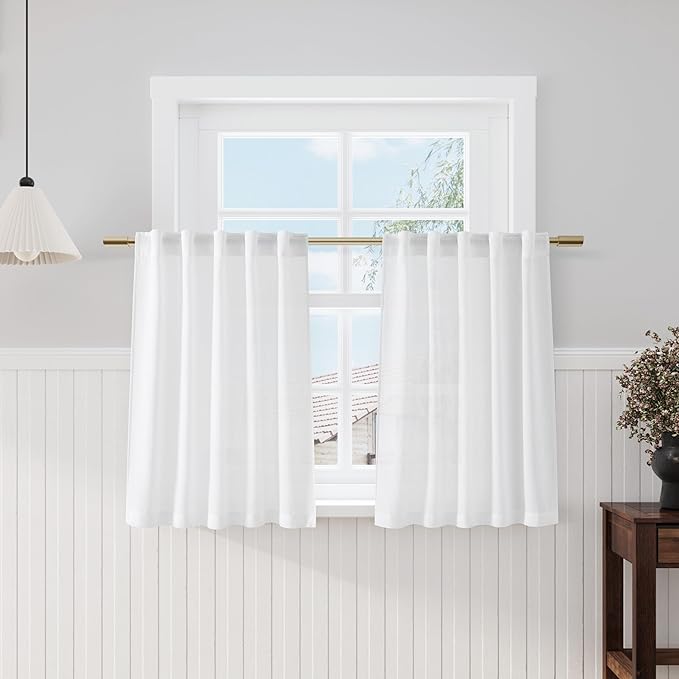 Nanspring White Kitchen Curtains 36 Inch Length 2 Panels Set Linen Blend Back Tab Privacy Light Filtering Cafe Curtain Modern Neutral Short Tier Curtains for Small Window Bathroom RV Camper 36x36