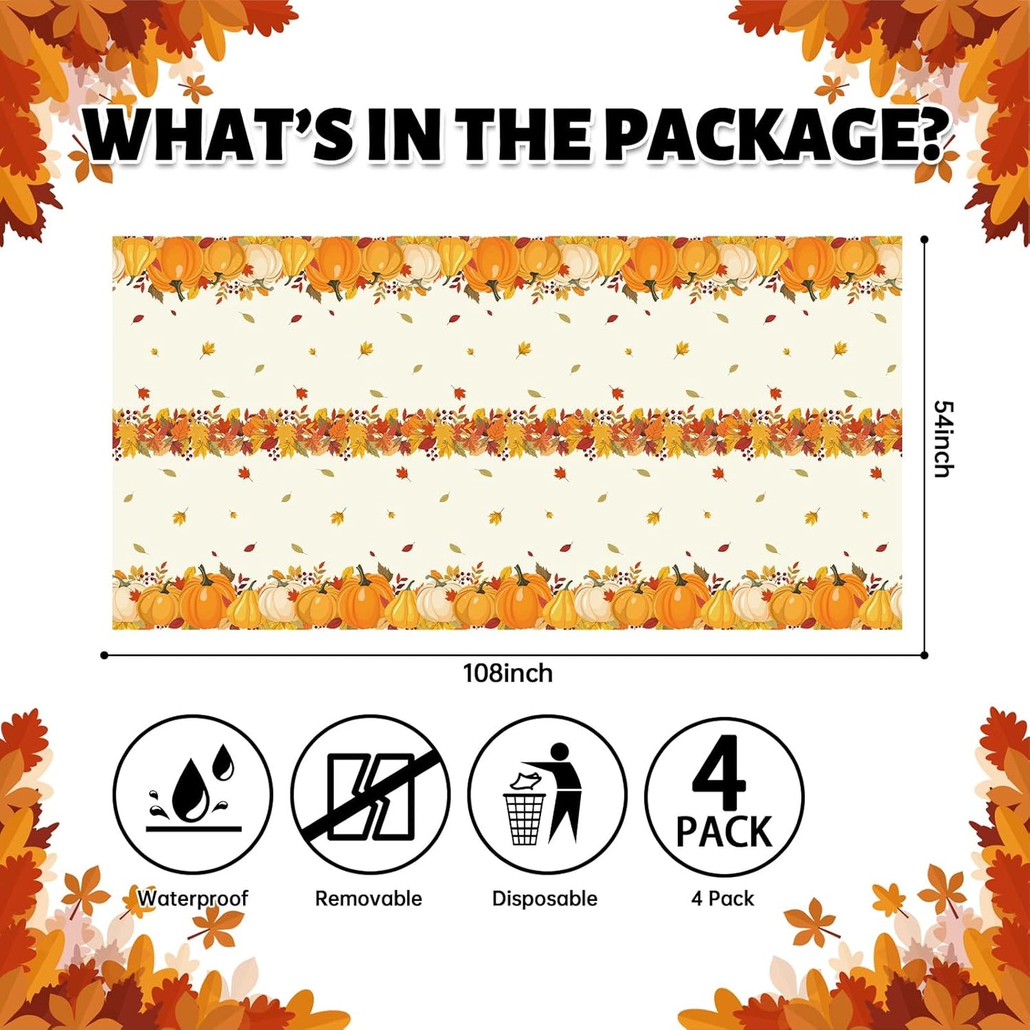 ATFUNSHOP Fall Plastic Tablecloth 4 Packs Thanksgiving Disposable Table Cloth 54x108 Rectangle Table Cover with Pumpkin & Maple Leaf for Holiday Dinner Party Decorations Outdoor Picnic & Baby Showers