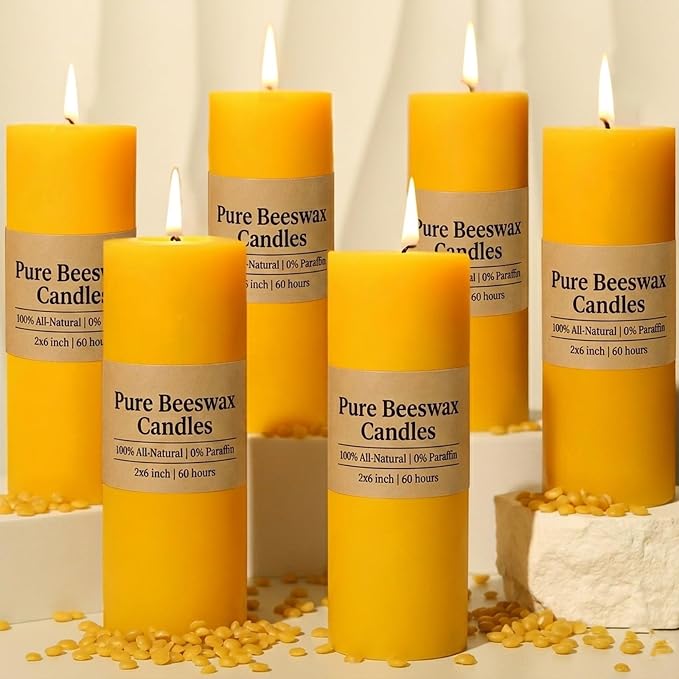 Beeswax Pillar Candles,6 Pack Yellow Pillar Candle,60 Hours Each, 2x6 Inch | Beeswax,Cotton Wick,Organic,Natural,Non-toxic,Unscented,for Home Decor,Fireplace,Emergency,Vigil,Dining,Wedding,Prayer