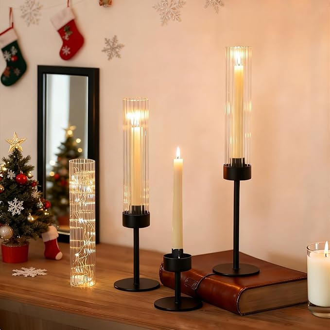 Metal & Acrylic Taper Candle Holders with Ribbed Design - Hurricane Clear Cylinder Candelabra for Wedding, Christmas, Party, Dining Table Centerpiece Decor (Black, Set of 6)