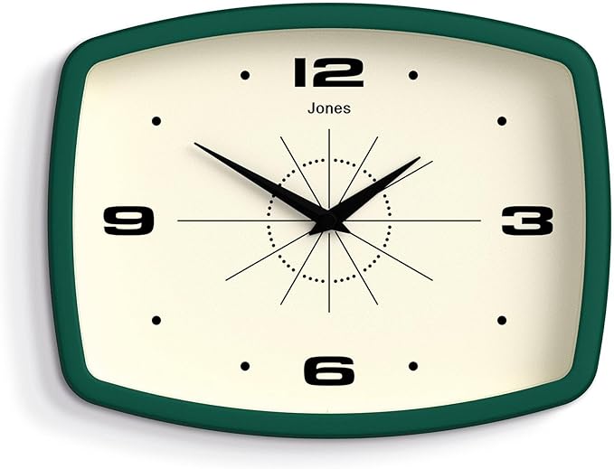 JONES CLOCKS® Movie wall Clock | Retro Rectangular Clock | 10 inch | Dark Green | Cool mid-Century Designer Look for Kitchen, Living Room or Office