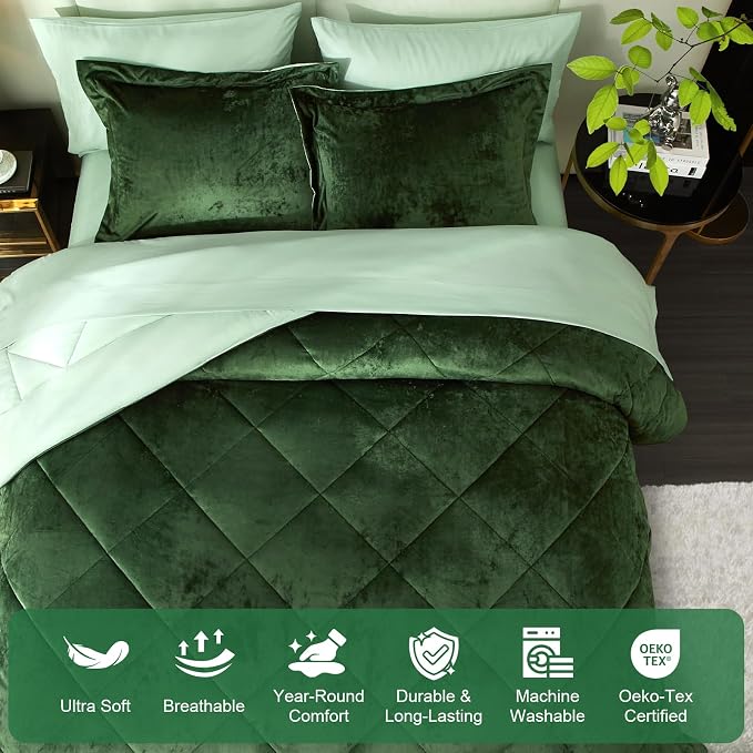 Ivellow King Comforter Set 7 Pieces Bed in a Bag Crushed Velvet Comforter Set Flannel King Green Comforter Ultra Soft Breathable Luxury Soft Warm Winter Bedding Set with Sheets, Pillowcases & Shams