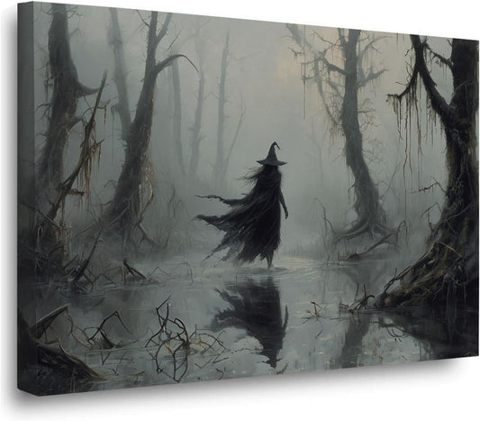 Vintage rustic swamp witch poster dark moody wall art gothic horror season halloween print for home decor retro dark moody painting20x30in Wood Framed