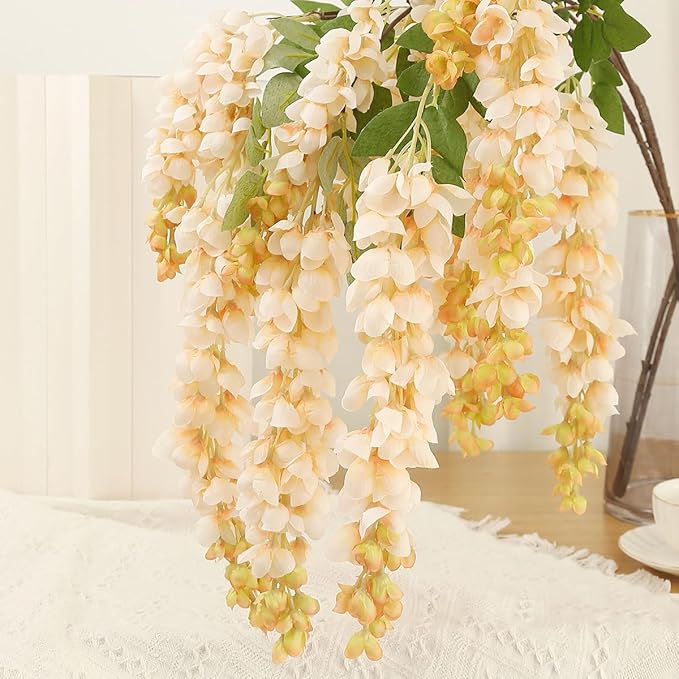 4pcs 47.2-inch Artificial Fake Wisteria Hanging Flower Garland Silk Flower String Home Party Decoration White Blue Pink Purple (Champagne)