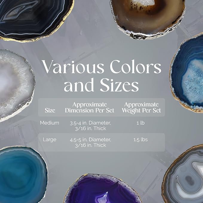 Nature's Decorations Teal Silver Rimmed Agate Stone Coasters - Set of 4, Polished Geode Drink Mats for Dining & Coffee Table & Kitchen Geode Decor Non-Toxic 3.5-4” Diameter