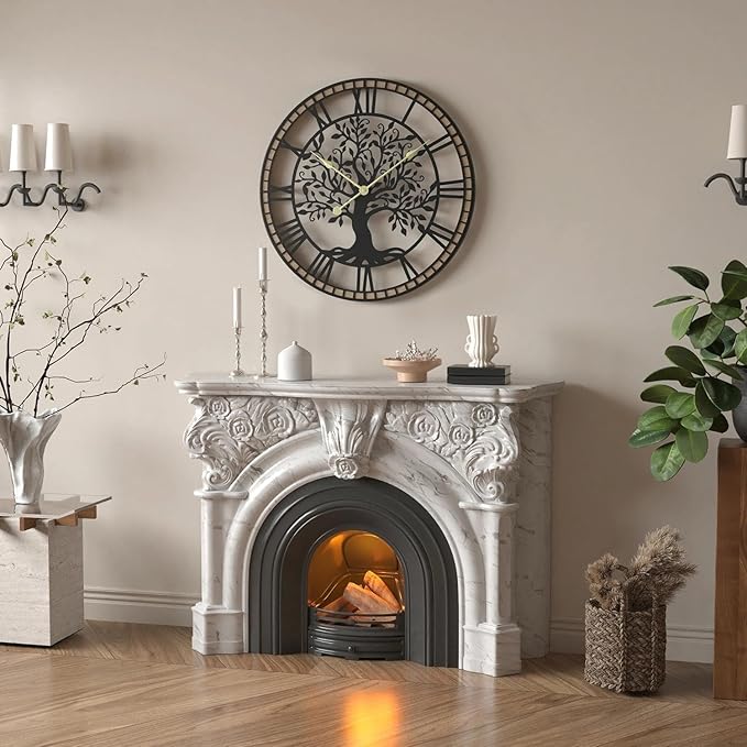 Micasso Farmhouse Oversize Wall Clock: 32Inch Rustic Tree of Life Metal with Wood Frame - Vintage Battery Operated Wall Clocks for Living Room/Fireplace/High-Ceiling - Home Decor for Housewife