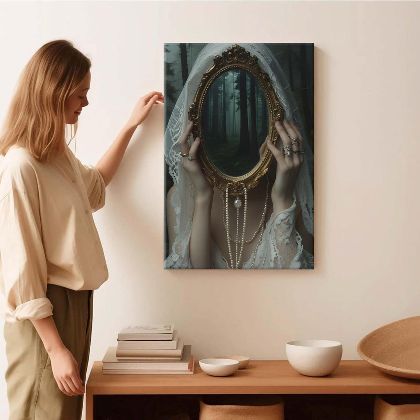 Mirror face covering dark art poster print melancholy gothic painting vintage feminine print victorian style decoration antique art32x48in Frameless