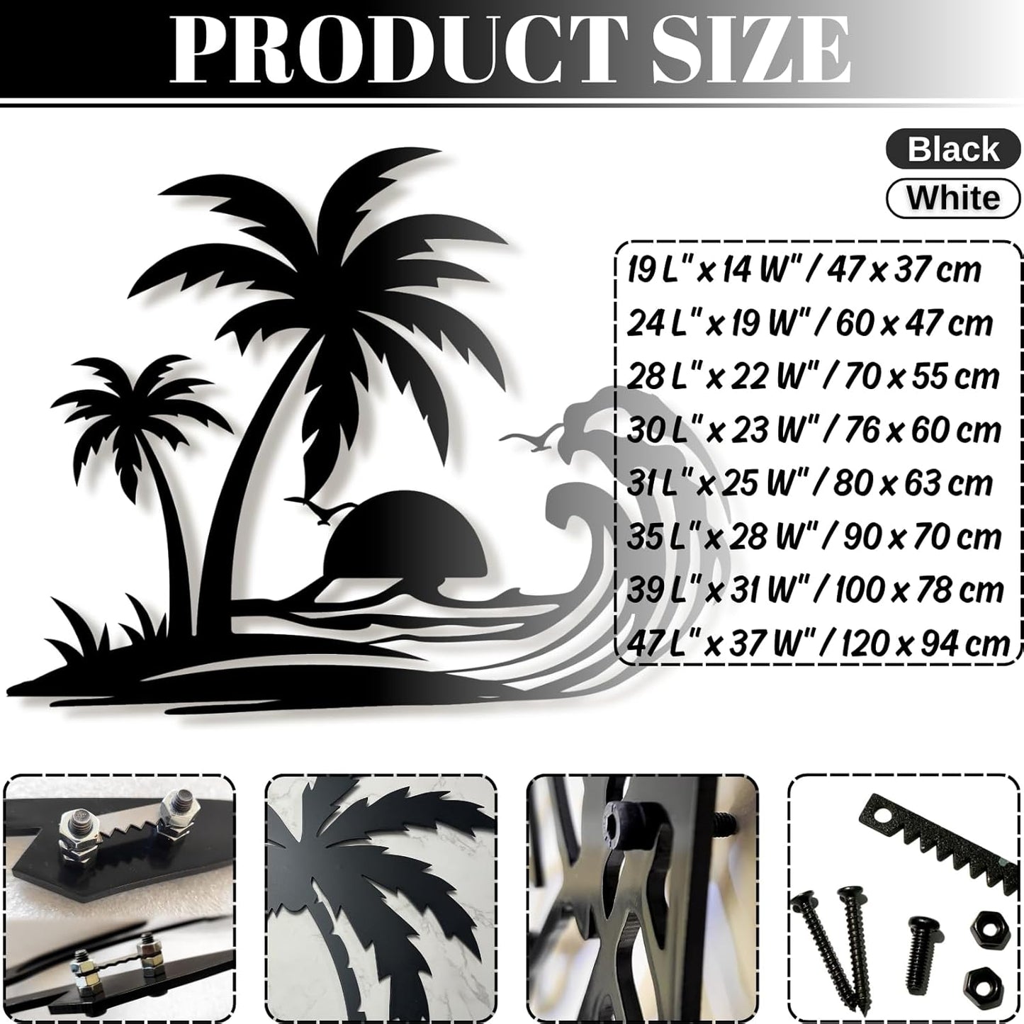 Lunwall Palm Tree Metal Wall Art, Tropical Beach Wall Decor, 24 L" x 19 W" / 60 x 47 cm