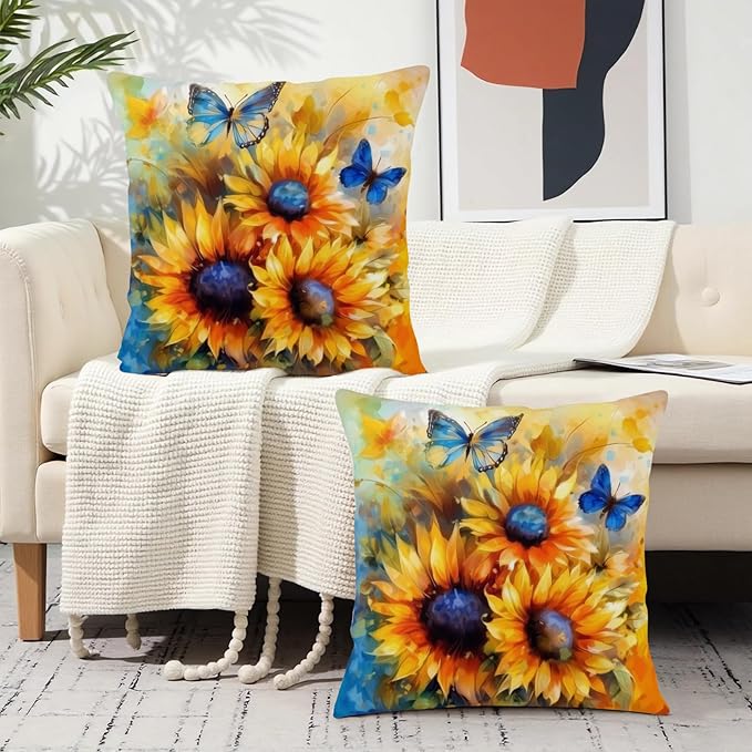 Oil Painting Sunflower Pillow Covers Sun Flower with Butterfly Throw Pillow Covers 18x18 Set of 2 Vintage Pillowcase Double Sided Printing Cushion Case for Home Decor Outdoor Sofa