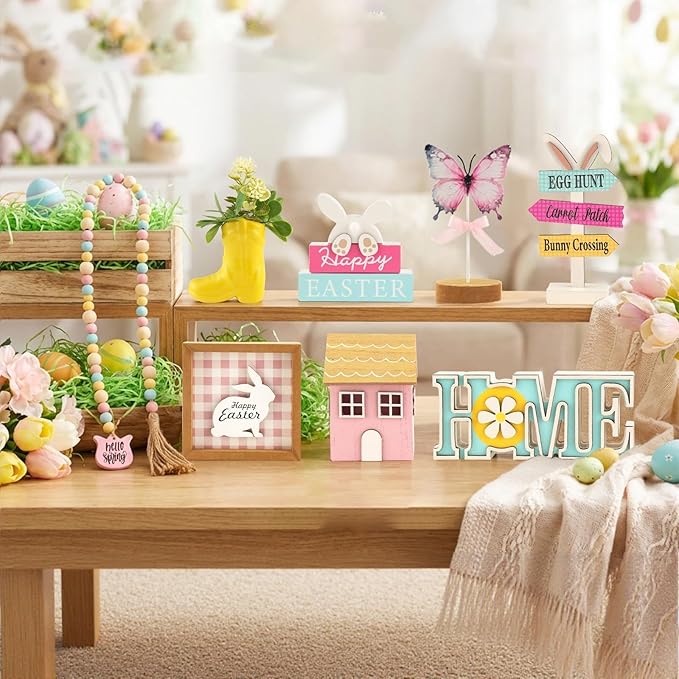 Spring Easter Decorations 8 Pieces Tiered Tray Decor Set, Cute Tabletop Easter Spring Décor for Home Shelf Mantel Office Table Coffee Bar Indoor Holiday Decoration Ornament Tray Objects