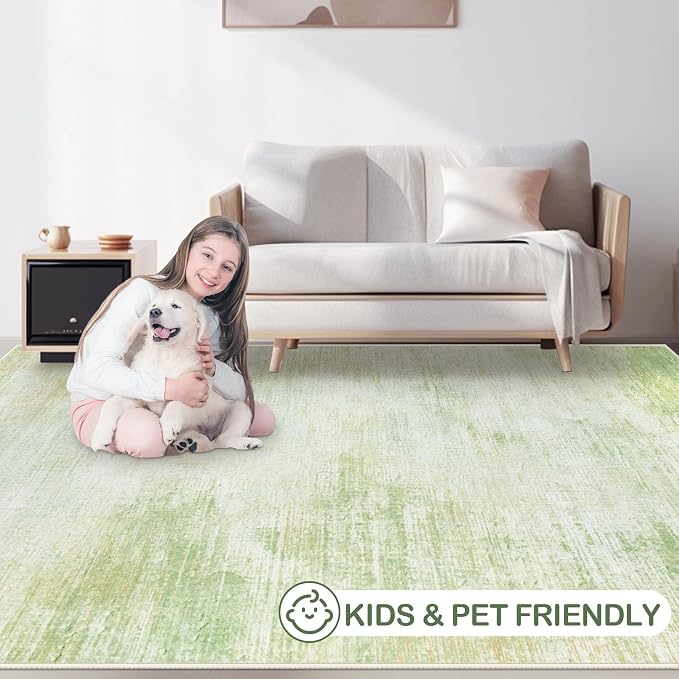 Area Rugs 8x10 Living Room: Washable Rug Modern Abstract Large Rugs Soft Non Slip Neutral Rug Stain Resistant Indoor Carpet for Bedroom Kitchen Dining Room Home Office Rugs(Green,8'x10')