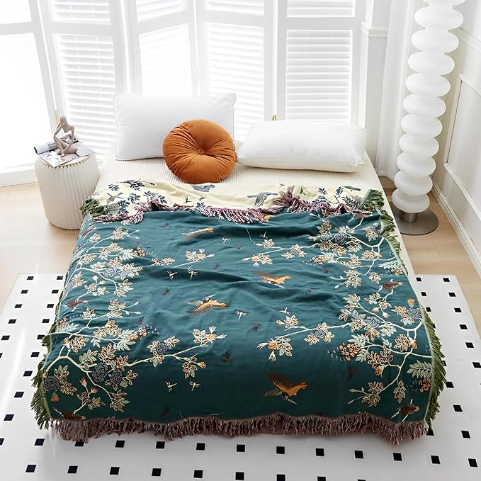 Snycler Boho Throw Blanket for Bed - 100% Cotton Ultra Soft Rustic Quilt Blanket Green Floral Bird Printed Farmhouse Decor Bed Blankets, 80"×90" All Season Rustic Throw for Sofa Chair Couch