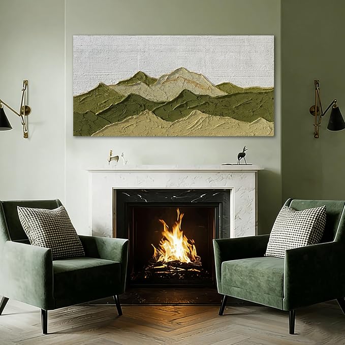 Dolidoteart Green Beige White Mountain Wall Art, Hand Painted Oil Painting on Canvas, Large Landscape Wall Decor for Living Room Bedroom Office, Horizontal 24x48 Inch