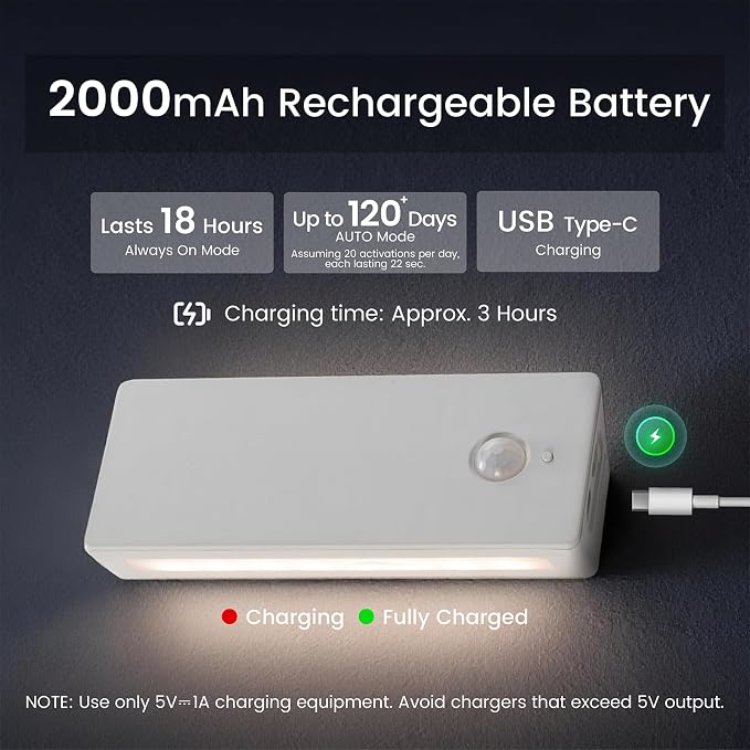 Rechargeable Battery Night Light with Motion Sensor, Cordless Battery-Powered Stick-on Magnet Toilet Lights, Soft Two-Sided Glow, 3CCT Dimmable, for Bedroom, Closet, Stairs, 3 Pack