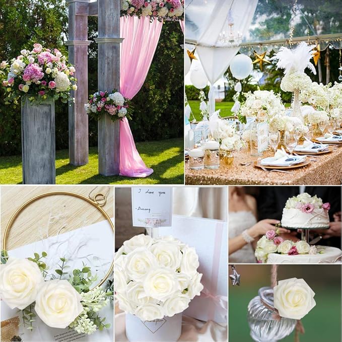 Mocoosy 50Pcs White Rose Artificial Flowers, Ivory Roses for Decorations, Real Touch Fake Rose with Stems Bulk DIY Wedding Bouquet Bridal Shower Mother's Day Floral Arrangement Party Home Decor