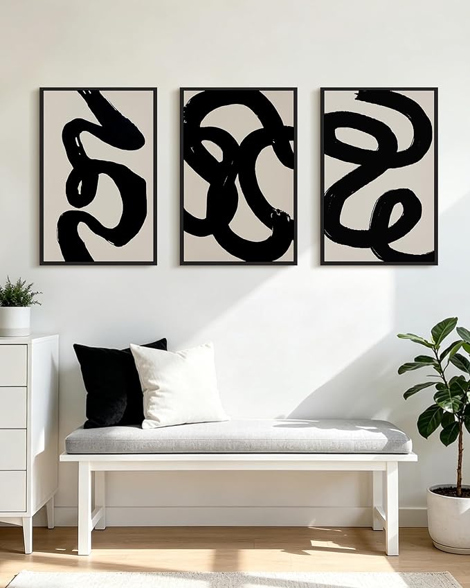 PHOPAGO Black Abstract Modern Framed Wall Art Large 16x24in Ink Wash Minimalist Thick Black Lines Paints Artwork Bedroom Living Room Home Decor - Black Framed