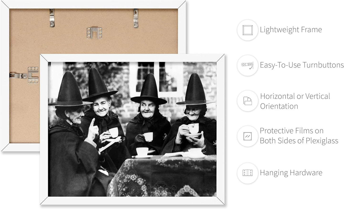 Poster Master Classic Photograph Poster - Vintage Halloween Print - Gift for Artist, Friend - Witches Tea Party, Old Women Smiling, Wearing Robes - Wall Decor for Living Room, 8x10 White Framed