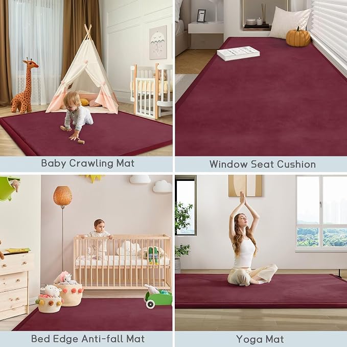 Baby Play Mat for Floor Nursery Muscle Area Rug Playroom Rug 47"x47" Elastic Foam 1.3" Thick Crawling Mat for Babies,Toddlers, Infants,Kids(Burgundy)