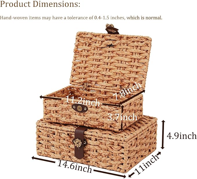 Set of 2 Water Hyacinth Wicker Storage Baskets with Lid | Rectangular woven decorative bins for shelf desktop home organization decor