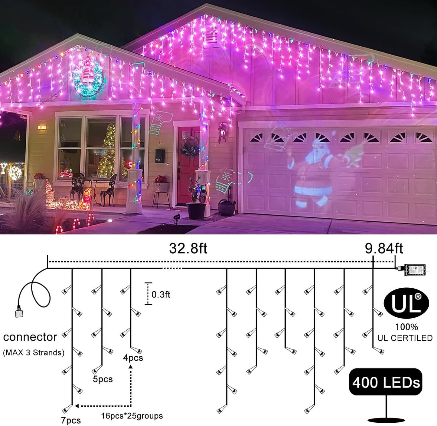 Icicle Christmas Lights Outdoor 33ft 400 LED Pink Christmas Lights for Outside 8 Modes with 75 Drops, Waterproof Icicle Light Plug in for Indoor Party House Christmas Decorations
