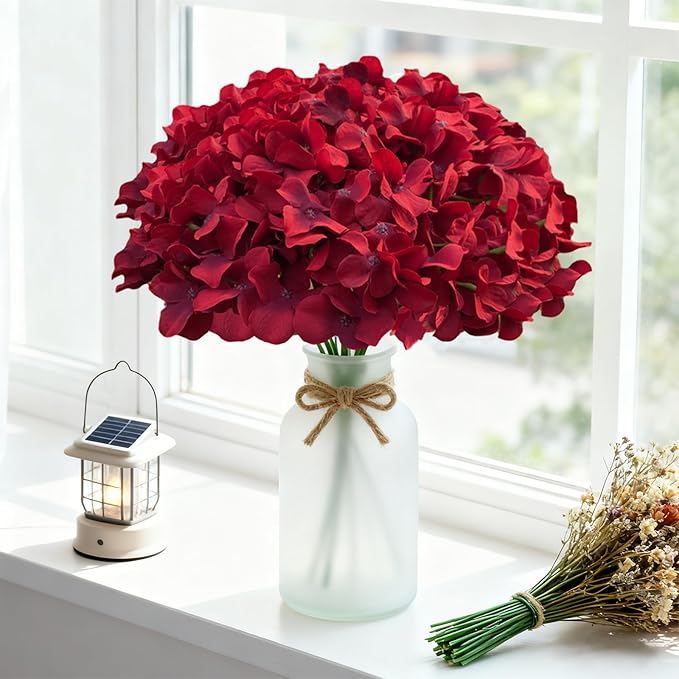 65Pcs Deep Red Hydrangea Artificial Flowers Bulk，Realistic Silk Fake Flowers with Stems，Faux Hydrangea Flowers for Wedding Home Decor Centerpieces Living Room Garden Party Baby Shower Decor
