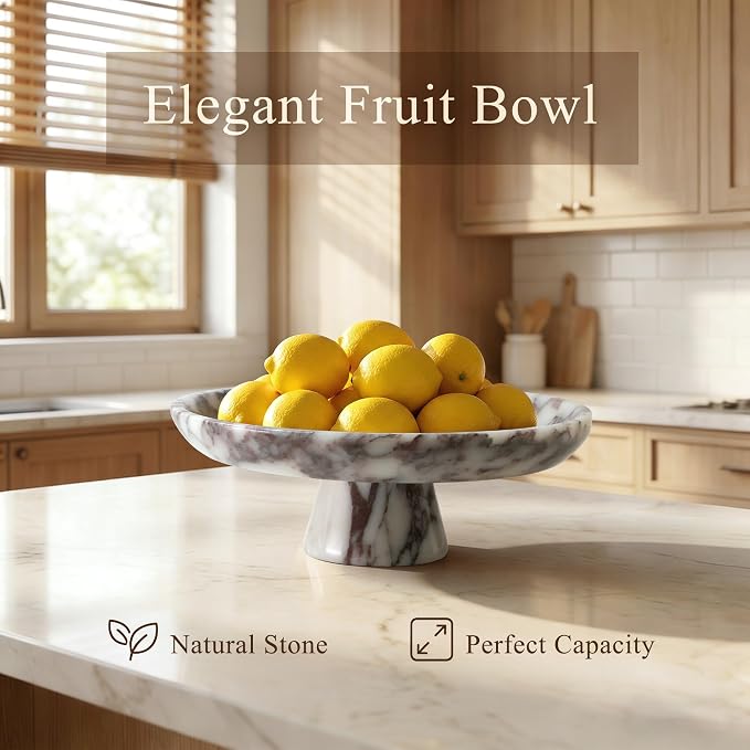 YMXYJM Natural Marble Fruit Bowl, Pedestal Bowl,Calacatta Viola | Natural marble pedestal bowl for fruit, keys, and decor on kitchen counters, dining tables, living rooms, or entryways