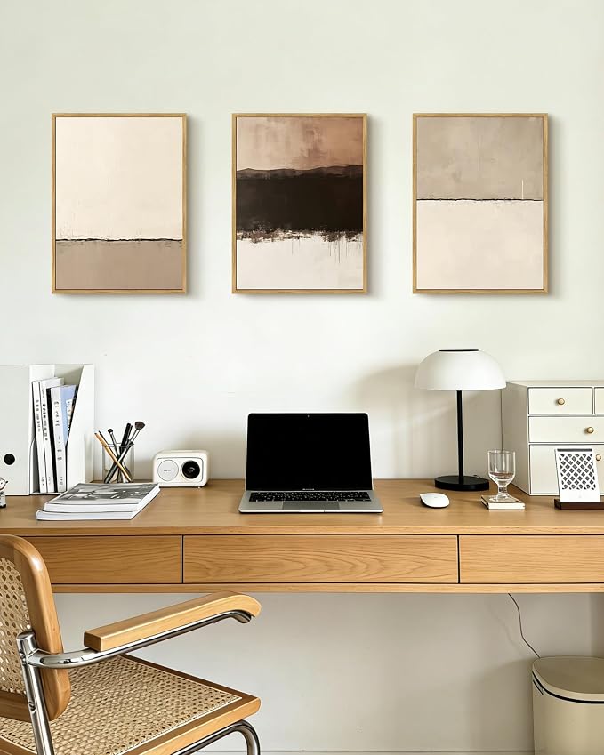 PHOPAGO Neutral Abstract Framed Wall Art Minimalist Beige Gray Pastel Wall Decor Modern Watercolor Art Paints for Kitchen Living Room - 11x14in Natural Framed