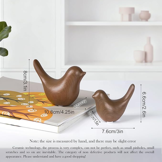 2 Pcs Ceramic Small Bird Figurines Modern Animal Statues for Home 、Room Decor and Bedroom Decor and Bookshelf Display (Dark Wood Grain)