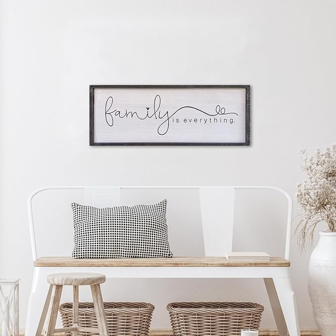 Family is Everything Wall Decor 32"x12" Living Room Large Warm Wood Framed Farmhouse Vintage Sign Home Beautiful And Simple Ready To Hang Hallway Entryway Wall Art Decoration (Black)