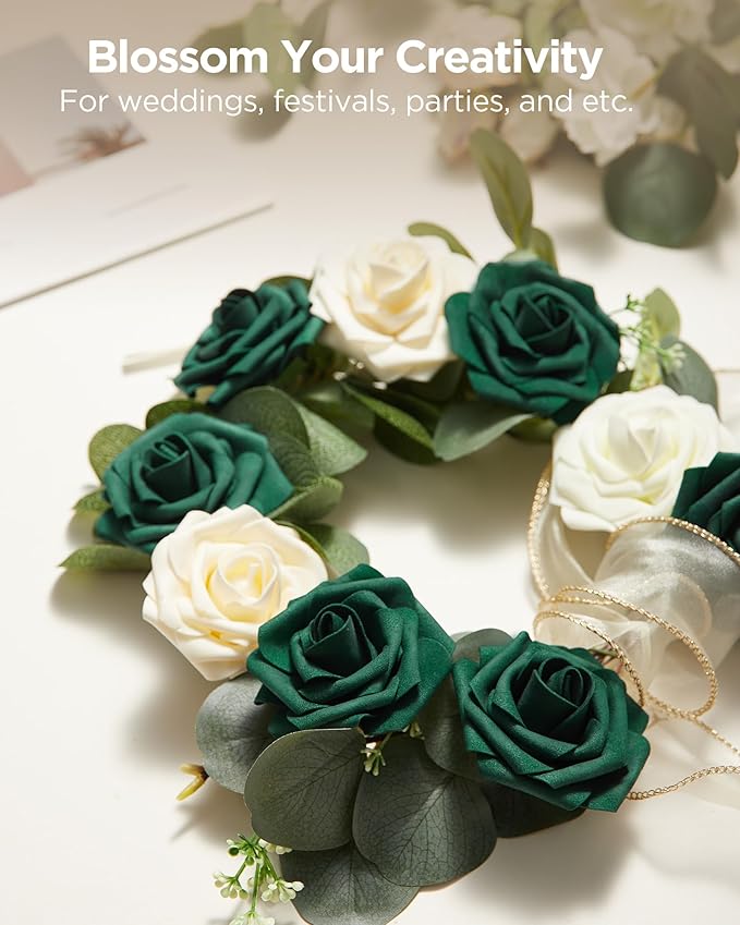 InnoGear Artificial Flowers, 50 Pcs Hunt Green Foam Fake Roses Bulk with Stems for St. Patrick's Decoration DIY Wedding Bouquets Centerpieces Bridal Shower Party Valentines Christmas Tree