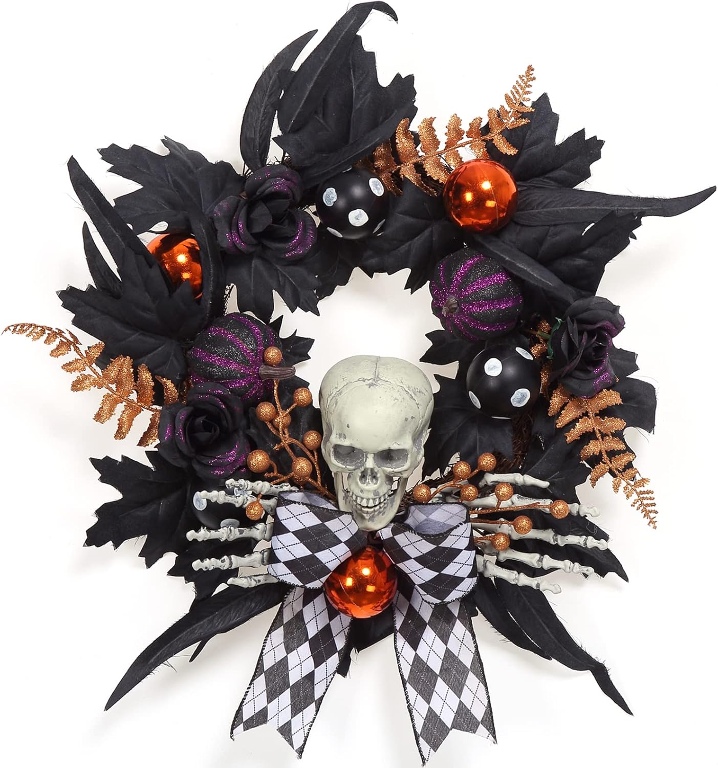 Adeeing Halloween Wreath for Front Door Halloween Skeleton Decorations, 20 Inch Pumpkin Wreath with Skull Black Roses Maple Leaves for Window Indoor Outside Home Party Decor
