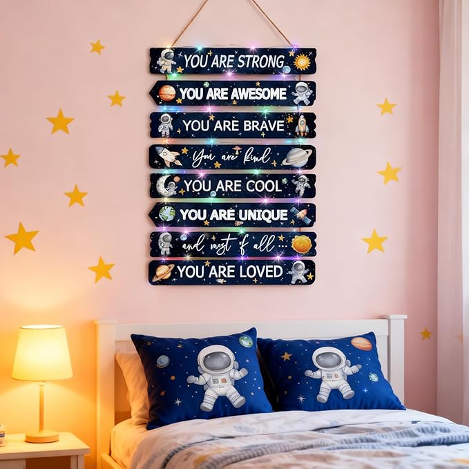 Space Wall Decor with LED Light Bedroom Boy Living Room Decor Inspirational Wall Art for Kids Room Decor Wood Wall Decorations Little Baby Nursery Room Decor Toddler Room Sign