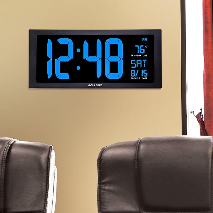 AcuRite 76100M Oversized LED Clock with Indoor Temperature, Date and Fold-Out Stand 18-Inch, Blue