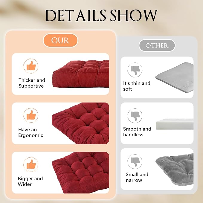 Meditation Floor Cushions, Thickened Floor Pillow for Adults, Large Square Pillows Seat Cushion for Tatami Living Room Yoga, Memory Sponge Block Added, 22x22 Inch, Wine Red