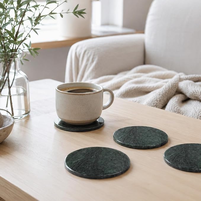 Koville Marble Coasters, Round Modern Coaster Set of 8 for Drinks, 4" Stone Coaster Heat Resistant, Decorative Marble Coasters for Coffee Table Home Bar Decor, Gift Choice(Green)