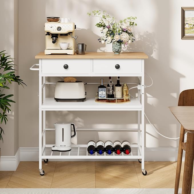 HOOBRO Kitchen Island with Storage, Rolling Island Cart for Kitchen with 2 Drawers & Outlet, 3 Tier Coffee Station and Microwave Stand, Kitchen Island Table for Home, Natural and White WN08UZD01