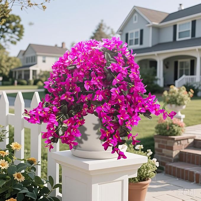 Grunyia Artificial Bougainvillea Flowers Outdoor UV Resistant, 4 Pcs Fake Silk Trailing Vines Realistic Faux Hanging Plants for Porch Patio Garden (Fuchsia)