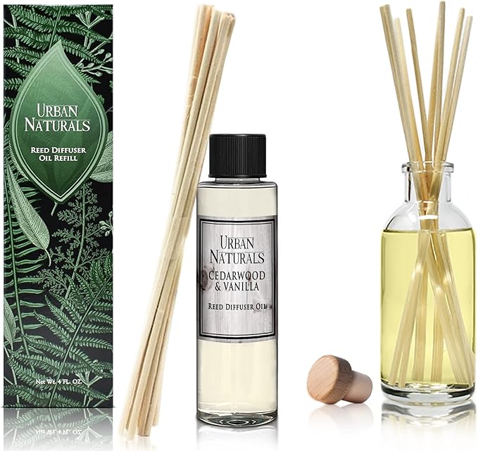 Urban Naturals Reed Diffuser Oil Refill, Cedarwood Vanilla Fragrance Oil with Oak, Cedar, Vanilla, 4 oz + Free Reed Sticks, Made in the USA