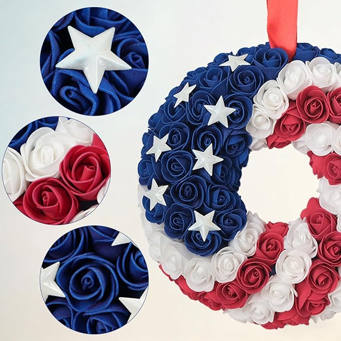 Idyllic 2 Pcs Patriotic Wreaths, 10 Inch 4th of July Decorations with Red White Blue Roses & Stars - Independence Day Wreaths for Front Door, Double Pack Holiday Decor