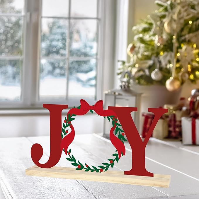 COCHIE Metal Merry Christmas Joy Sign, Christmas Wreath Table Centerpieces Decorations for Home, Office, Shelf, Mantel, Indoor, Xmas Red and Green Party Decor Supplies (XMAS B)