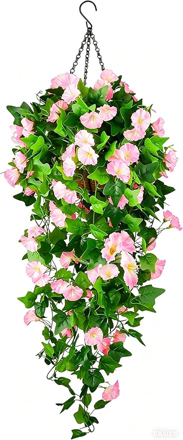 Artificial Fake Hanging Flowers Plants Basket for Spring Outdoor Outside Decoration, UV Resistant Faux Plastic Fabric Flower Morning Glory Wisteria Petunia for Garden Porch Patio Balcony Yard Decor